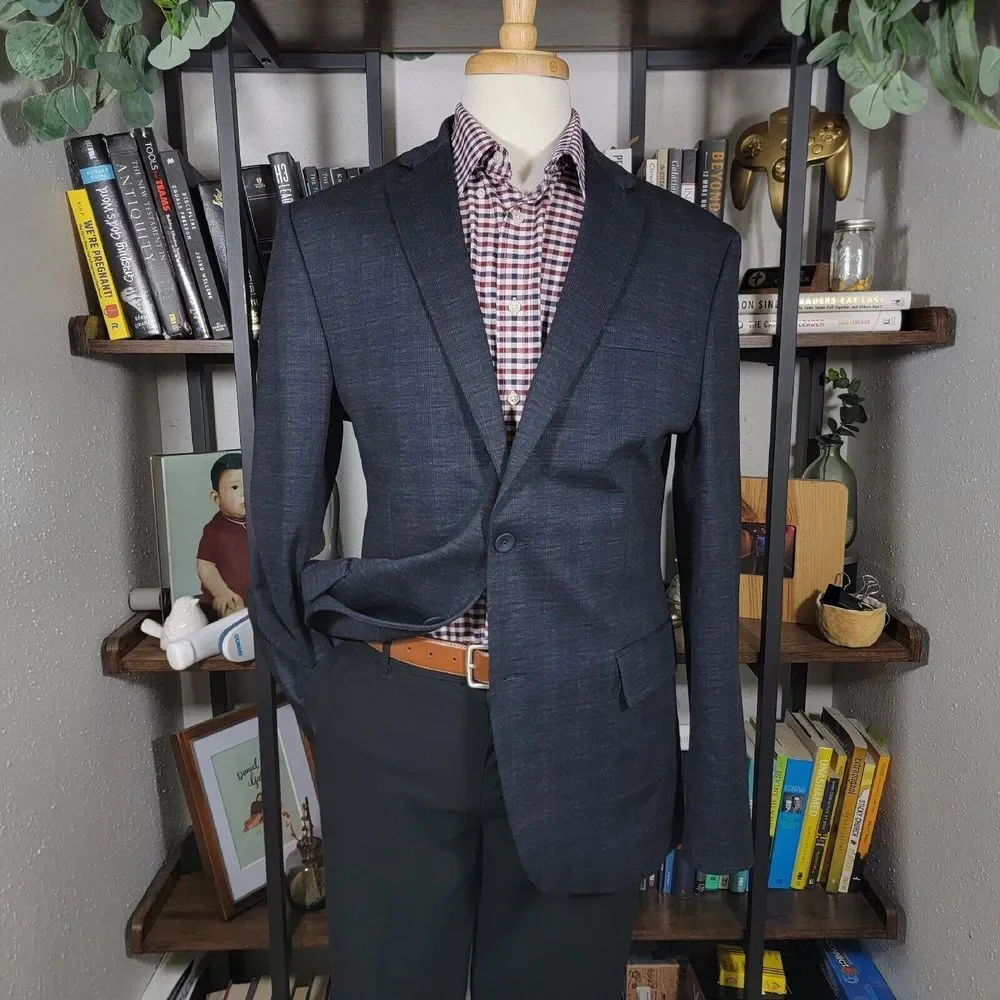 Joseph Abboud Men's Sport Coat‎ Blazer Two Button Navy Blue Plaid Slim Fit XLT